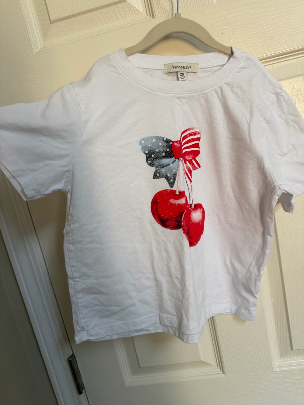 Francesca's Collections White Tee with Red Cherry & Navy Bow Graphic
